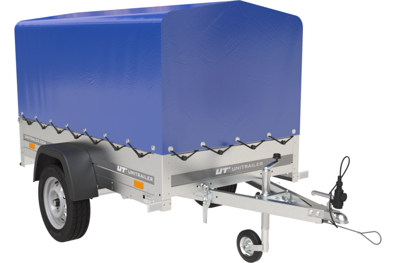 Remorque bagagère garden trailer 200 kipp 200 x 106 cm avec bâche haute bleue, arceau et roue jockey
